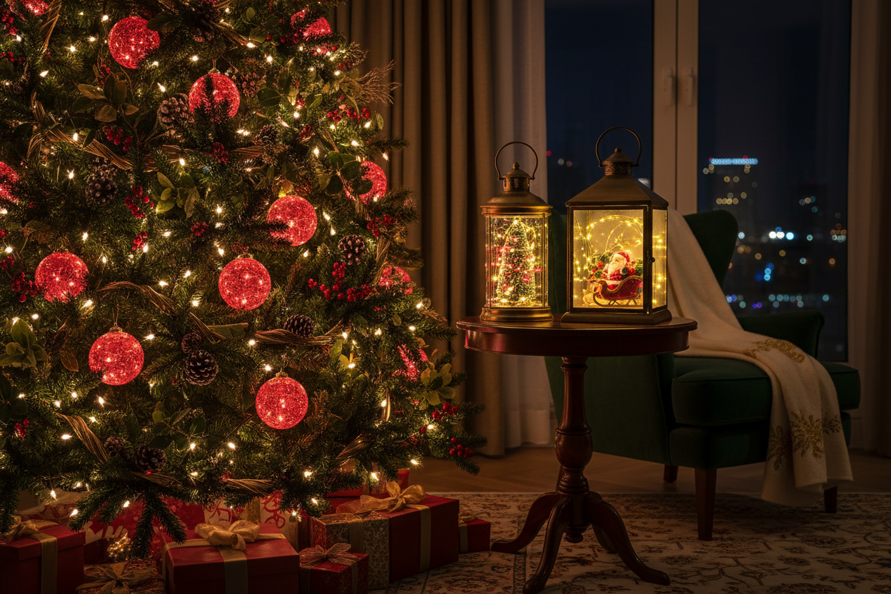 fai un salotto di lusso arredato a tema natalizio di notte , la foto deve contenere molto verde dato da elementi natalizi come albero di natale e altri elementi e rosso dato da palline sull'albero , fallo molto zoomatto sull'albero la foto , e fa si che ci sia anche un tavolino con sopra delle lanterne led a tema natalizio , molto importante dentro le lanterne mettine 2 con dentro una babbo natale e l'altro un mini albero di natale , mentre sull'albero come decorazioni metti delle palline rosse accesse led